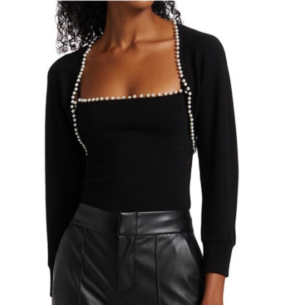 Alice + Olivia Wilma Faux Pearl Shrug / Cropped Jacket In Black
